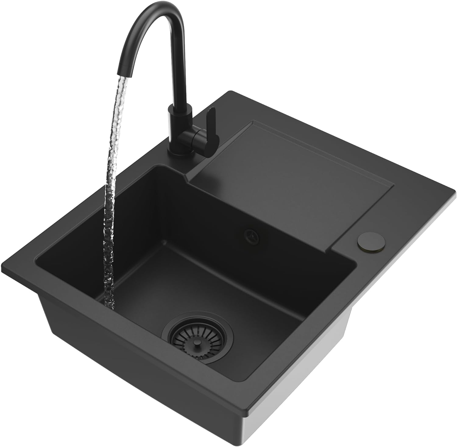 Granitan Large Black With Kitchen Faucet Milos Sink, 58.5 X 47.5 Cm, Sink For Kitchen With Kitchen Tap, Granite Sink With Two Holes + Plugs, Built-In Sink With Siphon, Black (Large)