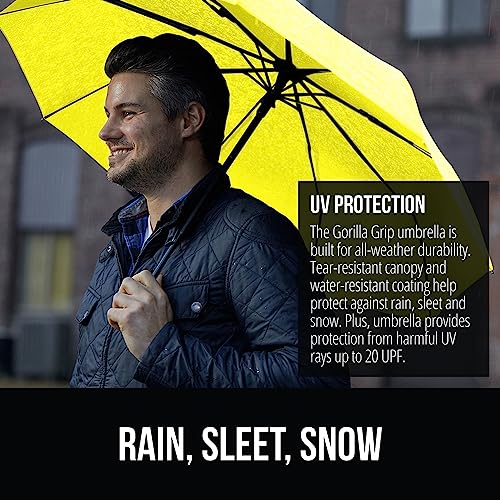 Image of GORILLA GRIP Compact Travel Size Umbrella for Rain, Sleek Design Fits Backpack, Purse and Carry On, Lightweight Under 1lb, One Click Open and Close, Wind Resistant, Durable Waterproof, Yellow