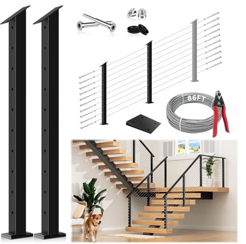 2 Pack One-Stop Stair Cable Railing Post Kit, 36" Slant Fixed Top Stair Post with 5-Degree Spacers, Stair Railing System Including 2 Stair Post, 86ft Cable, 10 Sets Terminal, 40 Cable Grommets
