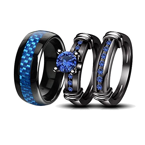 loversring Couple Rings Black Men Stainless Steel Matching Band Women Black Gold Filled Blue CZ Engagement Wedding Sets
