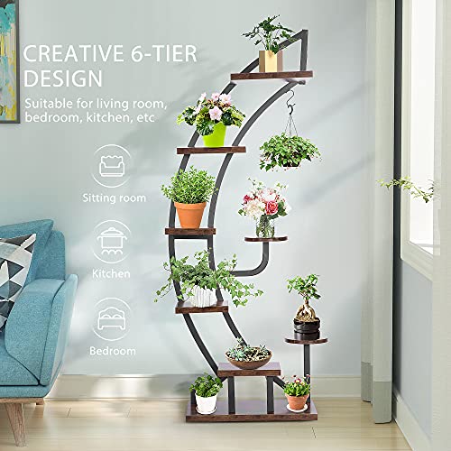 Vivohome 6 Tier 9 Potted Steel-Wood Plant Stand With Hanger, Curved Flower Pot Holder Shelf For Indoor, Rustic Brown #TOP4