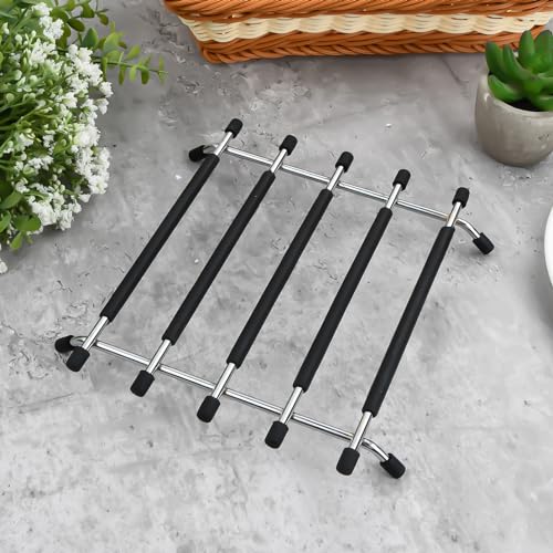 Volumoon Salvamanteles negros para encimeras de cocina, soporte de salvamanteles de acero inoxidable, resistente al calor, salvamanteles para mesa de comedor, soportes antideslizantes de silicona,