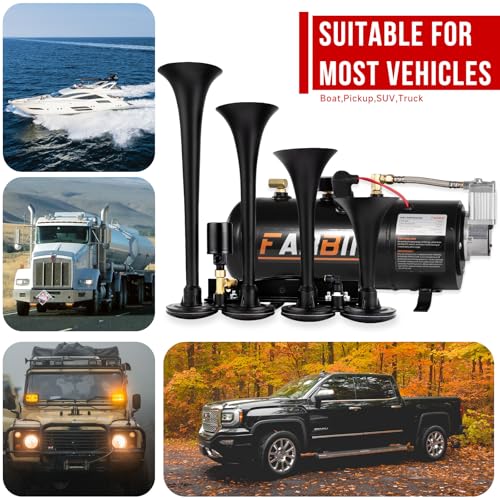 Image of FARBIN 178DB Four Trumpet Horns Super Loud Air Horns with 150 PSI Air Tank Train Horn Kit for Truck with 12V Air Compressor Can for Truck Jeep SUV Train Metal (0.8 gal 12V Black Parallel Air Horn Kit)