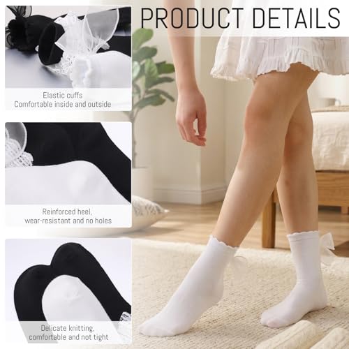 Image of Jspupifip 6 Pairs Lace Ruffle Frilly Crew Socks for Women Girls | Cotton Breathable Cute Princess Ankle Dress Lace Socks Thin Cool Casual Socks