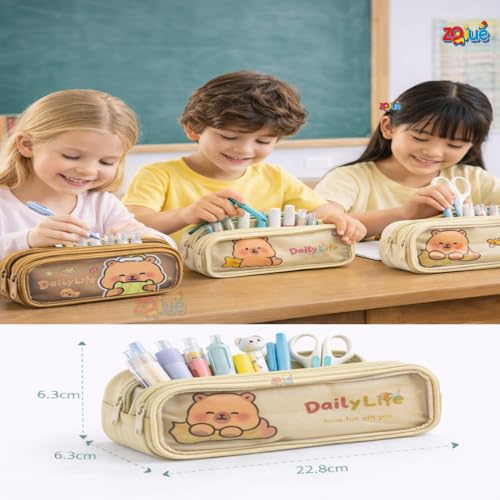 Image of Daily Life Cartoon Bear Pencil Pouch 3 Combo Set, Transparent Window Double Zipper Pen Case, Large Capacity Canvas Organizer for School, Kids, Teens & Office