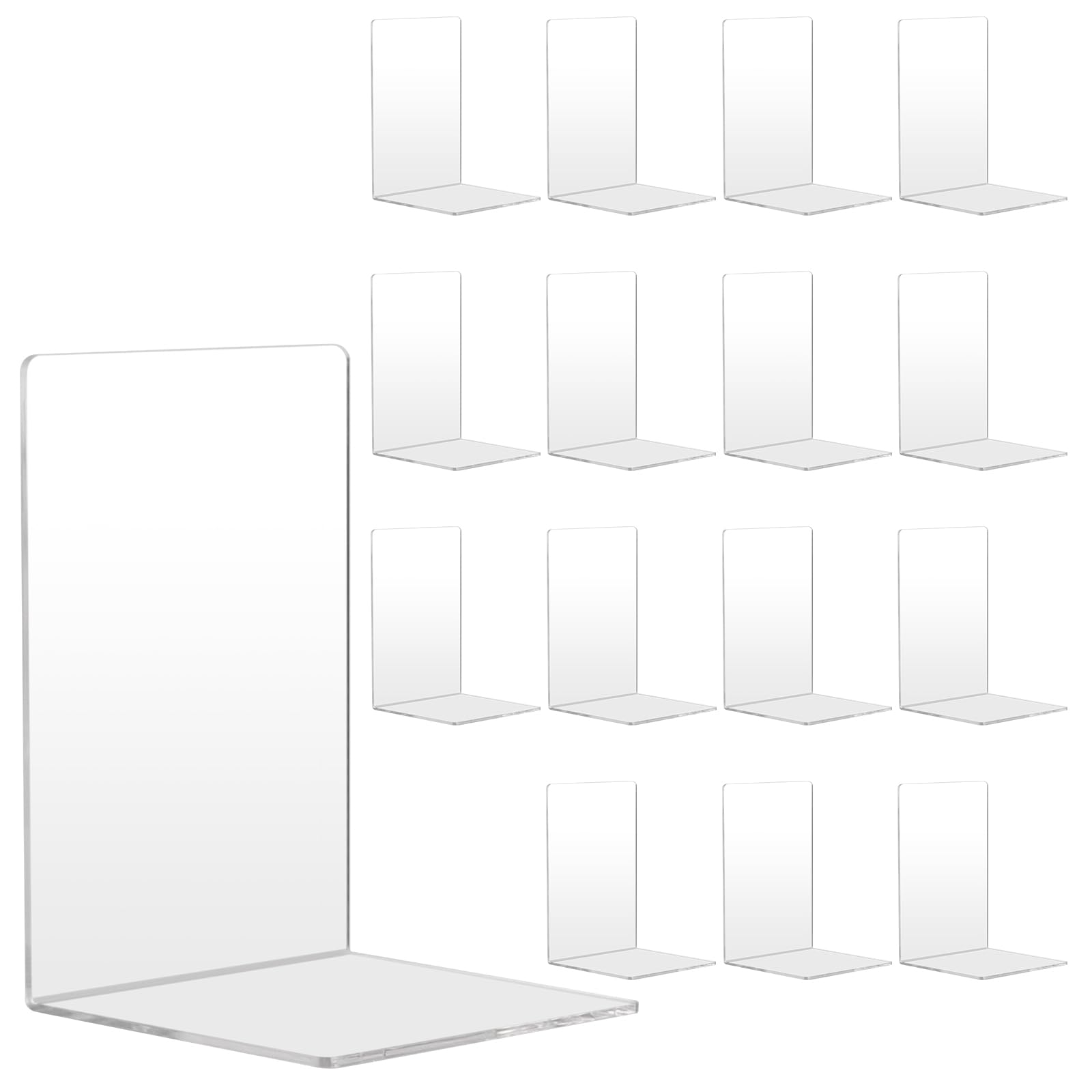 16 Sujetalibros de Acrílico Transparente 3mm, Forma de L con Almohadillas Antideslizantes, 12.5x12.5x18.5cm, para Libros, Estantería, Escritorio, Oficina, Escuela, Biblioteca, Hogar