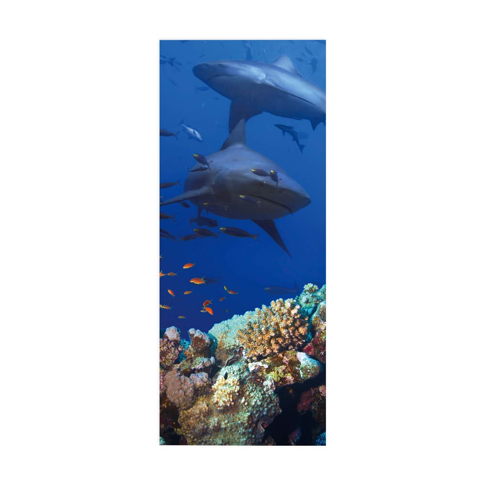 Sticker porte trompe l'oeil bleu requins 3D, poster mural amovible 63x205 cm
