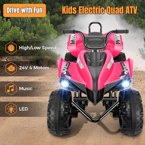 Image of Hikole XL 24V ATV, 4 Wheelers for Kids Ages 6-14, 2 Seater, Rosy | Iron Frame, 4x100w Power Wheels, 24''Spacious Seat, Spring Suspension, Music, LED Lights