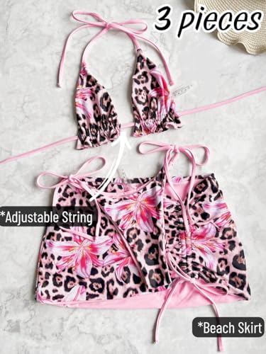 Image of ShawGobow Womens 3 Piece Leopard Bikini Set,Triangle String High Cut Thong Sexy Swimsuit & Coverup Skirt,Pool Party Outfit
