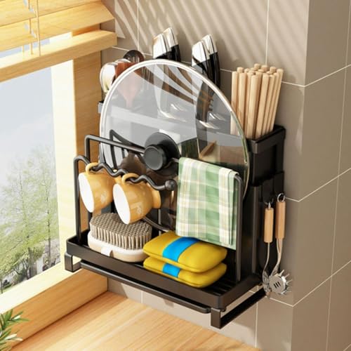 Yahbrra Organizador de cocina con soporte para utensilios de cocina, soporte para tablas de cortar con ganchos para pared y encimera (negro, 25 x 16 x 24 cm)
