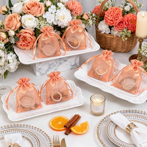 Image of QIANF 20 Pcs Orange Small Organza Bags 4X6 inch for Wedding Favors with Drawstring, Mini Mesh Gift Bags Jewelry Pouch for Candy Bridal Shower Party Favor Baby Shower Christmas