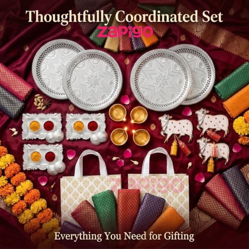Image of Habba Traditional Return Gift Combo with Blouse Piece, Cow Kumkum, Silver Kumkum Box, Silver Plate & Laminated Bag for Women, Haldi Kumkum & Tambulam Gifts, Diwali, Navratri, Weddings - Pack of 1 Set