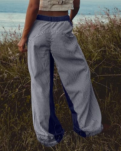 Image of PEIHOT Low Rise Striped Pants for Women Pull On Drawstring Boho Wide Leg Jeans Trendy 2026