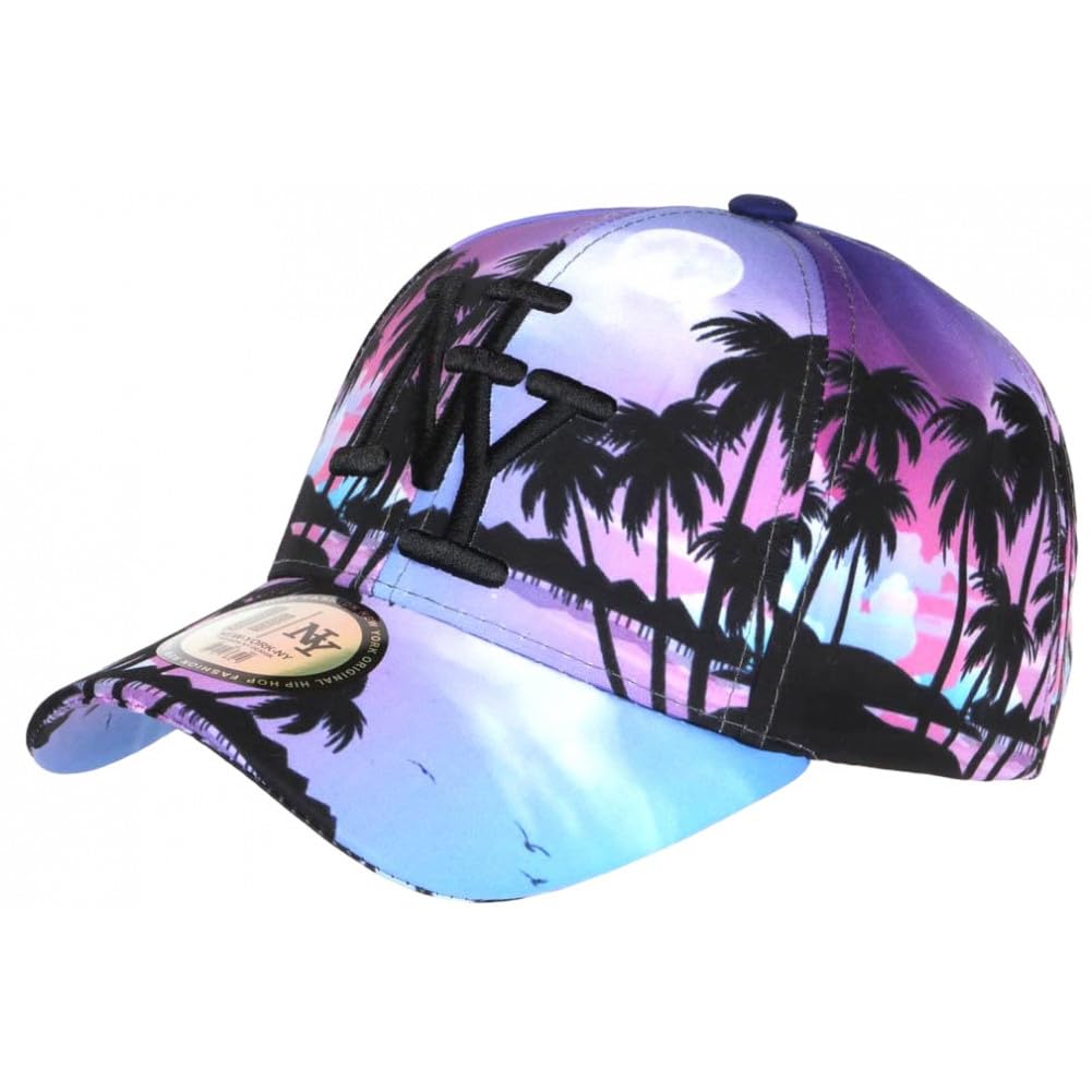 Casquette Baseball Miami Bleu Et Rose - Motif Tropical Palmiers Sunset - Taille Unique - Hip Hop Honour