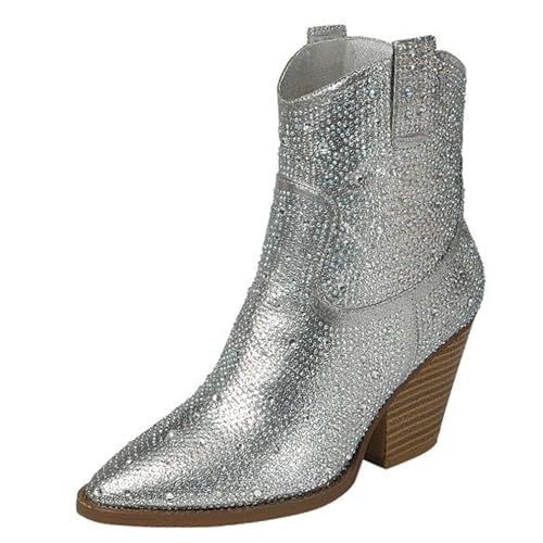 Forever Women's Rhinestone Block Heel Ankle Boots River-01 Silver 6
