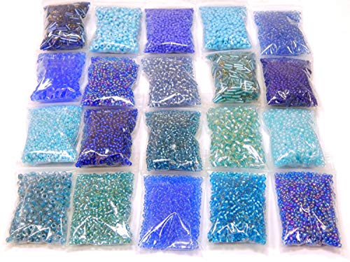 Perlin Roccailles Rocailles Perlen Blau Aqua Sapphire Set 2mm 3mm 4mm 6mm Rund und Stift Glasperlen 20 Pack 400g für Kette Bastelset Seed Beads AM21
