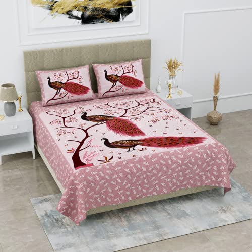 Jaipur Sanganeri Pink Peacock Print Cotton Double Bed Sheet | Queen Size 90 x 100 inch Pure Cotton | Double Bedsheet with 2 Large Pillow Covers (B0BVW717CD) Amazon Price History, Amazon Price Tracker