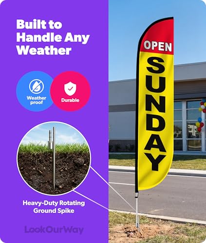 Image of LookOurWay Feather Flag Pole Kit - 12 Feet Tall Advertising Flag Banner with Fiberglass Pole Kit and Ground Spike for Business Promotion - Grand Opening Flags - Open Sunday (10M1200275)