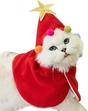 ANIAC Pet Dog Christmas Costume Puppy Xmas Cloak with Star and Pompoms Cat Santa Cape with Santa Hat Red Doggy Outfit Winter Cat Clothes for Kitten and Small to Medium Sized Dog Small, Red