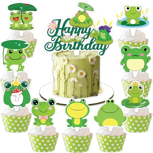 Cute Frog Cake Topper Picks, 25 PCS Funny Frogs Cupcake Toppers Cake Decorations Frog Green Animal Themed 1st Birthday Party Supplies Favors Decor Centerpiece Table for Boys Girls Carnival Prizes
