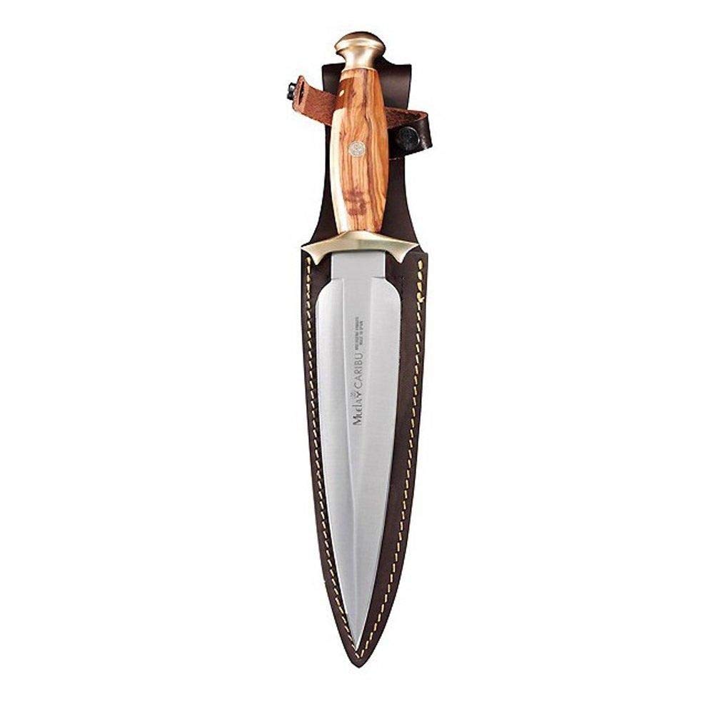 Muela Cuchillo CARIBU.OL hoja de acero ACX-380 de 20,5 cm y empuñadura de madera de olivo para Caza, Pesca, Supervivencia y Bushcraft Realizado en Ciudad Real + Portabotellas de regalo