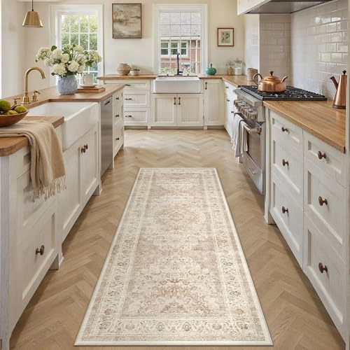 2x6 Beige Washable Vintage Area Rug for Living Room Bedroom Soft Tranditional Non Slip Runner Rug Lightweight Floral Low Pile Distressed Runner Entrance Laundry Room Hallway 2'x6' Vintage |