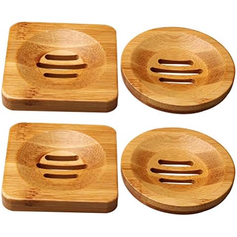 SUMAJU 4 Pcs Wooden Soap Holders Bathroom Soap Dish Natural Bamboo Soap Holder Square & Round Soap Dishes for Home Bathroom Cover