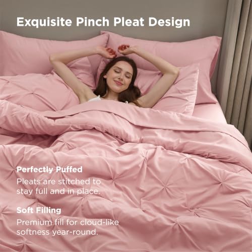Image of Bedsure King Size Comforter Set Pink - Bed in a Bag Bedding Set 7 Pieces, GentleSoft Pintuck Bed Set Gift for Family, All Season Down Alternative Comforter with Sheets, Pillowcases & Shams