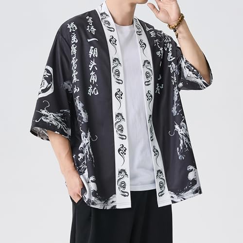 Image of PRIJOUHE Men's Lightweight Kimono Jacket Seven Sleeve Open Front Cardigan Coat Japanese Style Bathrobe