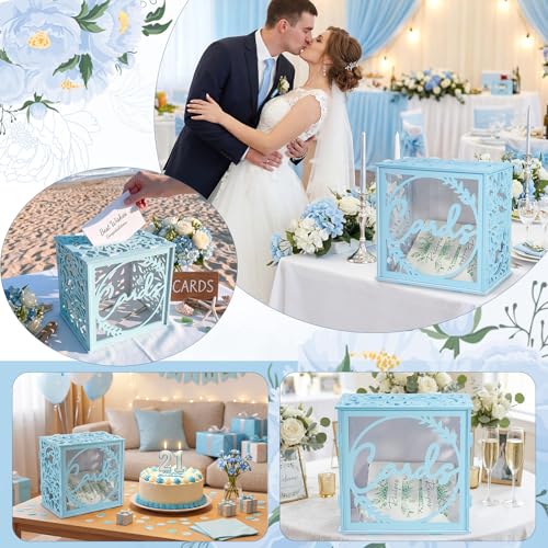 Image of OurWarm Blue Wedding Card Box with Acrylic Window, PVC Gift Card Box for Wedding Decorations Reception, Envelope Money Gift Boxes for Party Baby Shower Anniversary Graduation Birthday Bridal Decor