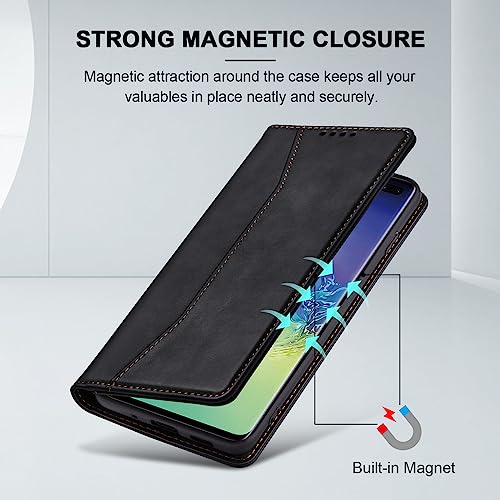 Image of Jasonyu Flip Wallet Case for Samsung Galaxy S10 Plus,Leather Magnetic Folio Cover with Card Holder,Kickstand - TPU Shockproof Durable Protective Phone Case,Black