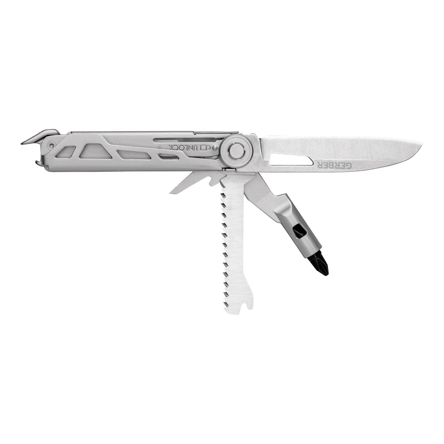 Gerber Scyzoryk z 8 funkcjami, narzędzie wielofunkcyjne z gładkim ostrzem, śrubokręt z wymienną końcówką, ArmBar Trade, srebrny, stal nierdzewna/aluminium, 1064416