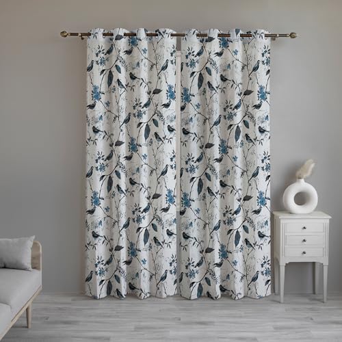Image of LINENWALAS Decorative Printed Cotton Semi Sheer Curtains 9 Feet Long Set of 2 Panel, Eyelet Ring Hanging, Turquoise Bird Printed Door Curtains (L-9 x W-4.5 Feet, Turquoise Bird)