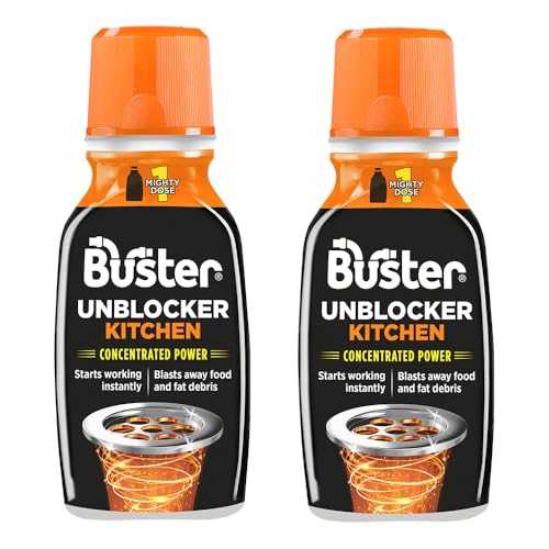 Buster Kitchen Plughole Unblocker (Pack of 2 x 150g) Fast-Acting Sink Unblocker Dissolves Fat, Food & Debris, Drain Cleaner Clears Blockages in Kitchen Sink Pipes - Made in UK