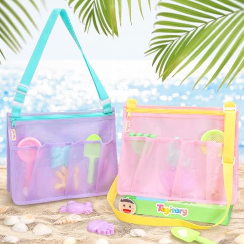 Tagitary Mesh Beach Bag with Zipper 3Pcs, Large Tote and Kids Beach Bags for Shell Collecting Beach Toys Storage Swim Pool Accessories Vacation Sports Camping Picnic Travel Bag2