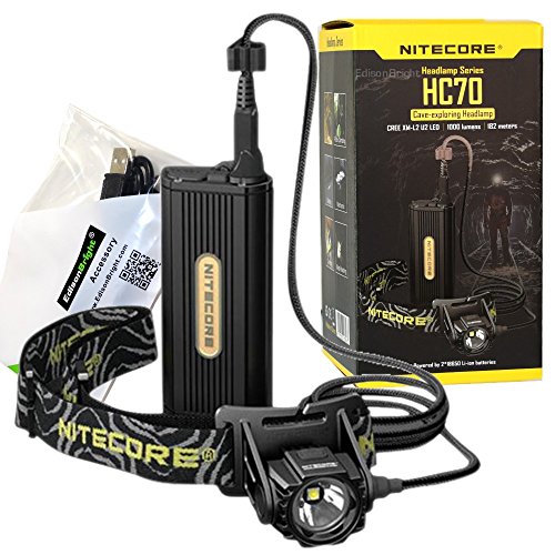 Nitecore HC70 1000 Lumen CREE LED Headlamp with Detached Battery Case with EdisonBright USB Charging Cable