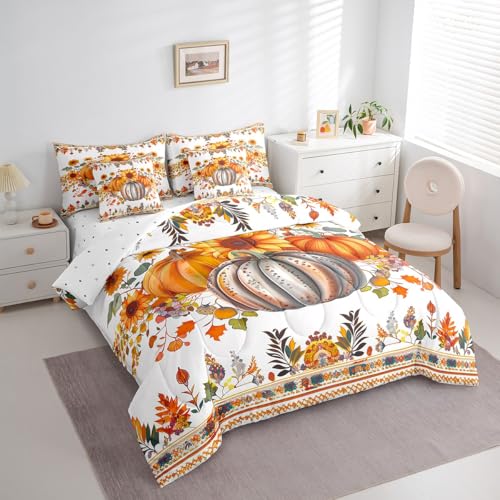 Autumn-Harvest-Fall-Queen-Comforter-Set-7-Pieces-Bed-in-a-Bag-SetThanksgiving-Pumpkin-Bedding-Sets-Queen-with-Bohemian-Sunflower-Floral-Quilted-ComforterFlat-SheetFitted-SheetPillowcases Autumn Harvest Fall Queen Comforter Set 7 Pieces Bed in a Bag SetThanksgiving Pumpkin Bedding Sets Queen with Bohemian Sunflower Floral Quilted ComforterFlat SheetFitted SheetPillowcases
