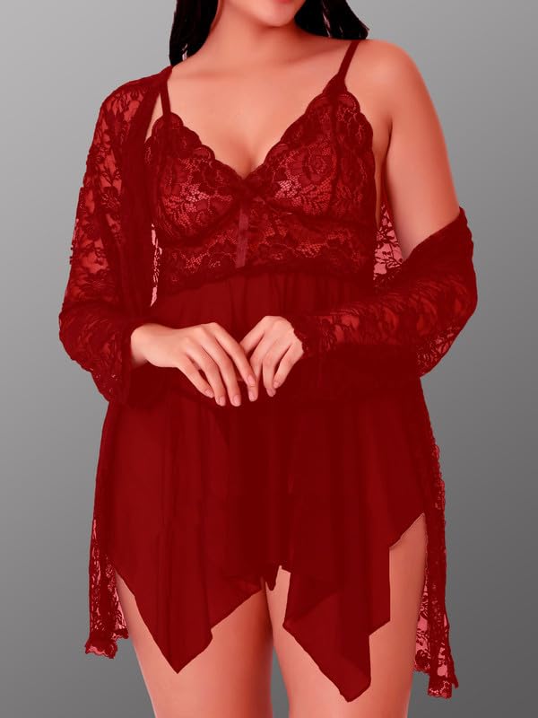 Image of Net Lace Spandex Women Babydoll Nightgown Honeymoon Lingerie Nighty
