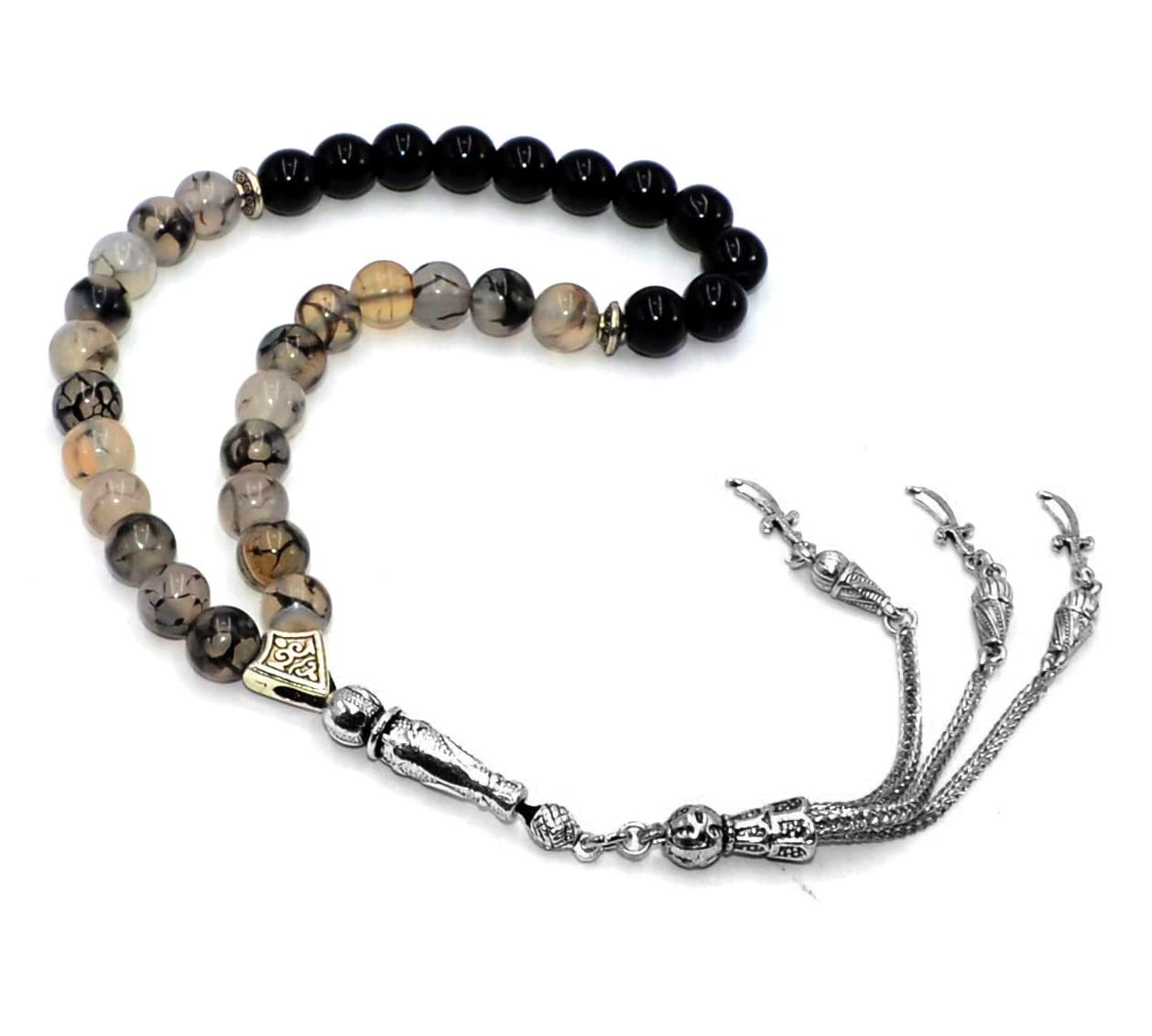 -Rain Series - (33 Beads) Worry Beads-Prayer Beads-Tesbih-Tasbih-Tasbeeh-Misbaha-Masbaha-Subha-Rosary (Black Dragon Vein Agate and Onyx Prayer Beads -8 mm)