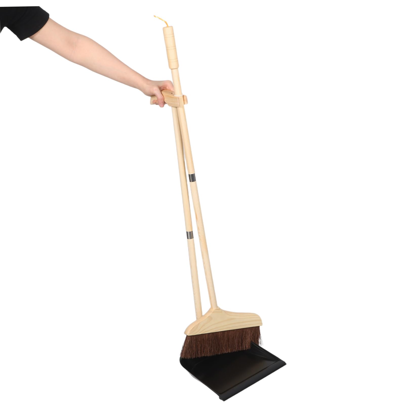 Juego de Escoba y Recogedor Mango Largo Desmontable de Madera | Cerdas Suaves, Limpieza de Pisos y Dormitorio, Atornillar y Quitar, Acabado Negro, Hierro