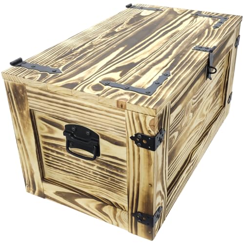 Cassapanca in legno massiccio, stile rustico 80x45x45 cm fiammato, 4 ruote incluse, panchina tavolino con manici in metallo, non richiede montaggio. Per riporre vestiti strumenti, giocattoli