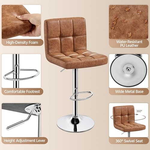 Image of Yaheetech Bar Stools Set of 4, PU Leather Swivel Barstools, Height Adjustable Counter Chairs, Modern Stools with Back for Bar Kitchen Island Dining Room, Retro Brown