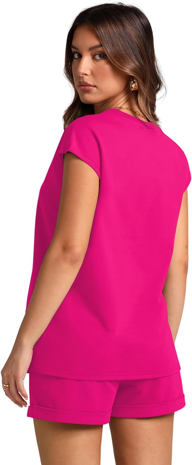 WIHOLL 2 Piece Sets for Women Casual Summer Travel Vacation Outfits Cap Sleeve Shorts Lounge Set - Image 5