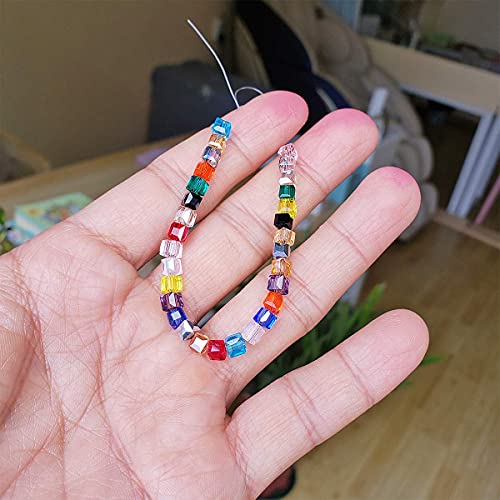 Image of 4mm Cube Glass Beads for Jewelry Making 750pcs AB Colour Faceted Shape Colourful Crystal Spacer Beads Assortments Supplies for Bracelet Necklace with Cord