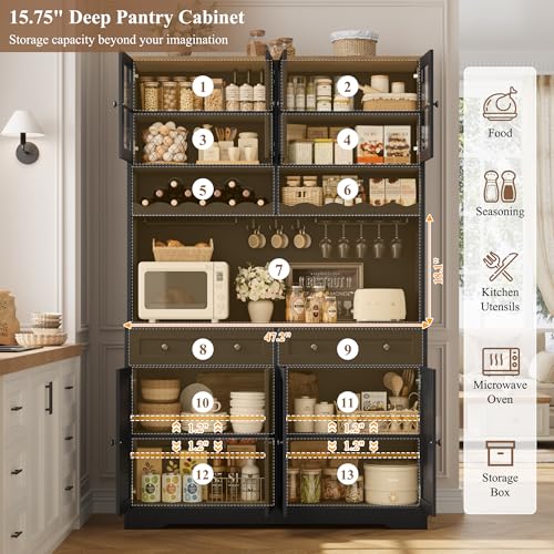 Image of HOSTACK 75.4 inch Tall Kitchen Pantry Cabinet with Charging Station, Modern White Kitchen Hutch with Microwave Stand and Wine Rack, Large Food Pantry Storage Cabinet with Glass Doors and Drawers, Black