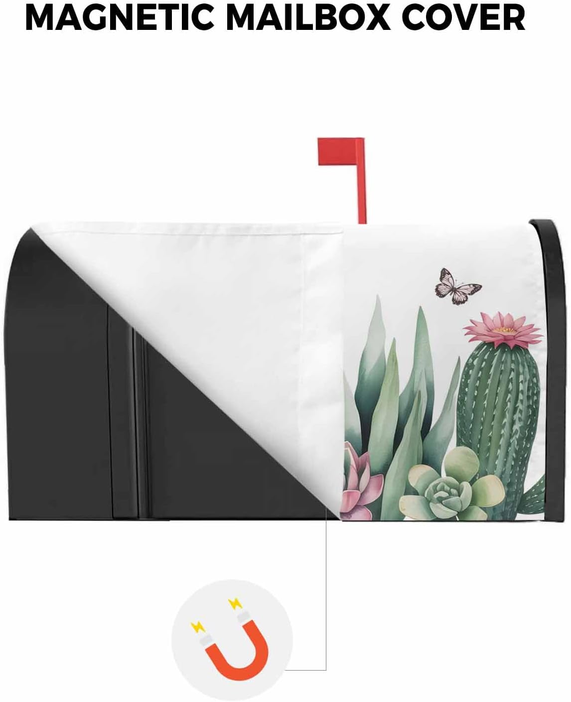 Tropical Mailbox Covers Magnetic Mailbox Wraps, Green Cactus Purple Flower Butterfly Rustic Post Letter Box Cover for Garden Yard Outdoor Decor Standard Size 18x21 Inch