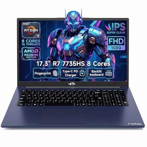 Image of NIMO Gaming Laptop 17.3 inch IPS FHD - AMD Ryzen 7 7735HS 8-Core /16-Thread, Radeon 680M Graphics, 64GB DDR5 Ram, 1TB PCIE4.0 SSD, Backlit Keyboard, Fingerprint, 100W PD Type-C, Windows 11 Computer