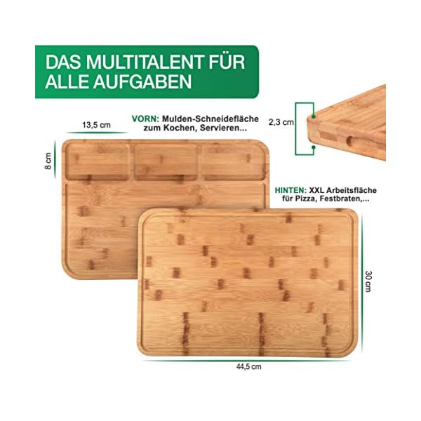 PIETVOSS Premium Schneidebrett Bambus Holz - hochwertiges Schneidbrett mit Auffangschale - Küchenbrett für schnelles und effizienten Arbeiten - 44,5cm x 30cm x 2,3cm Gross – Bild 5
