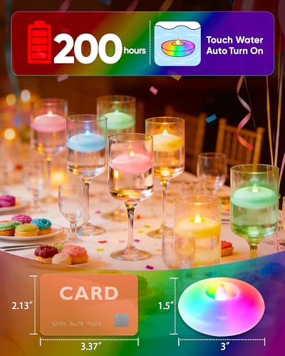 Image of Homemory 12 Pack 3 inch Flameless Led Floating Candles, 200 Hour 7-Color Changing Battery Operate Waterproof Tealights for Cylinder Vases, Centerpieces at Wedding Decor, Party, Pool