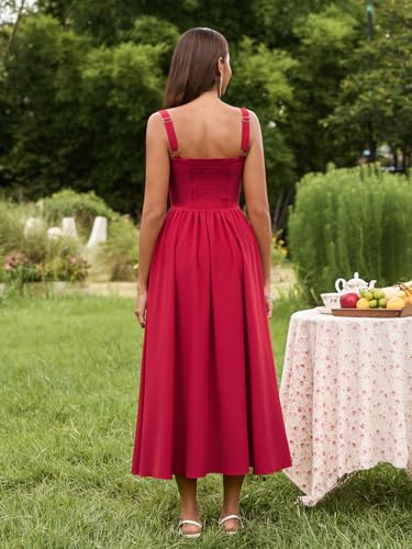Image of KUTUMAI Floral Corset Midi Dress Flowy Slit Summer Spring Wedding Guest Dresses for Women Sundress with Pockets